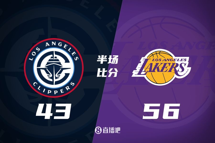  东契奇12分VS小卡15分 快船7分半得分荒 湖人半场56-43领先